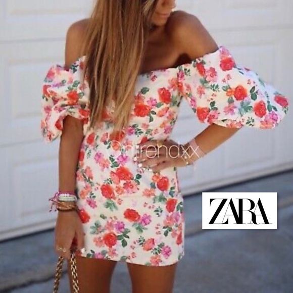 NWT ZARA THE CAROLINE DRESS S MINI FLORAL OFF SHOULDER PUFF SLEEVE Blogger Fave - Picture 4 of 16